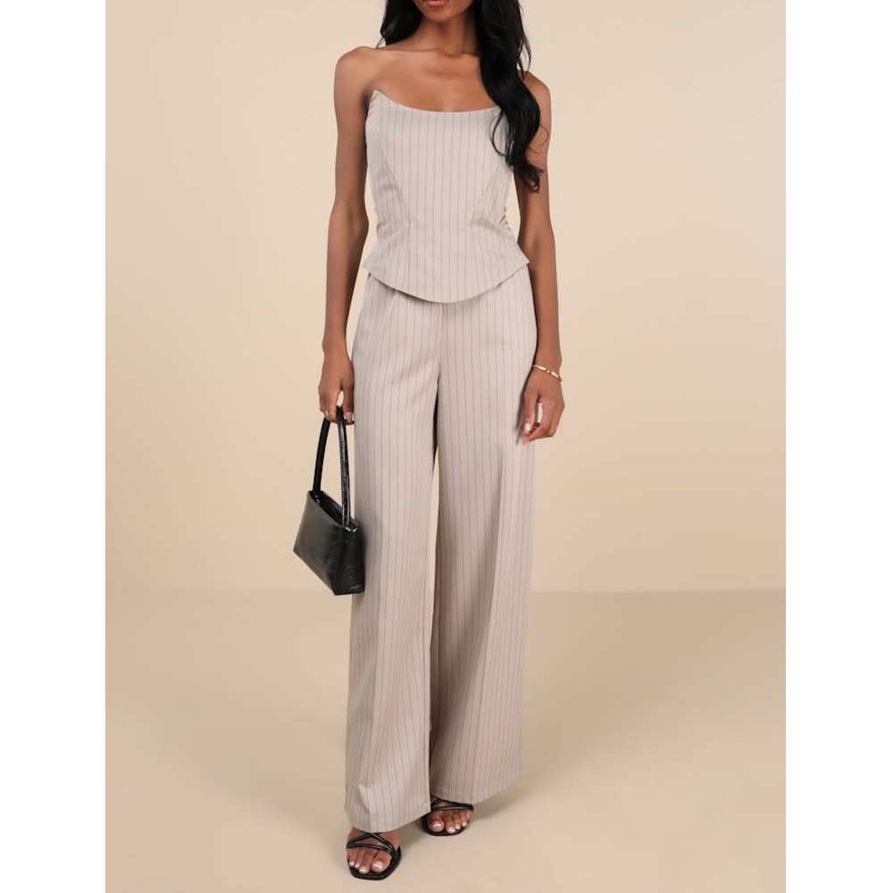 NWT Lulus Polished Charisma Taupe Pinstriped Strapless Jumpsuit Medium